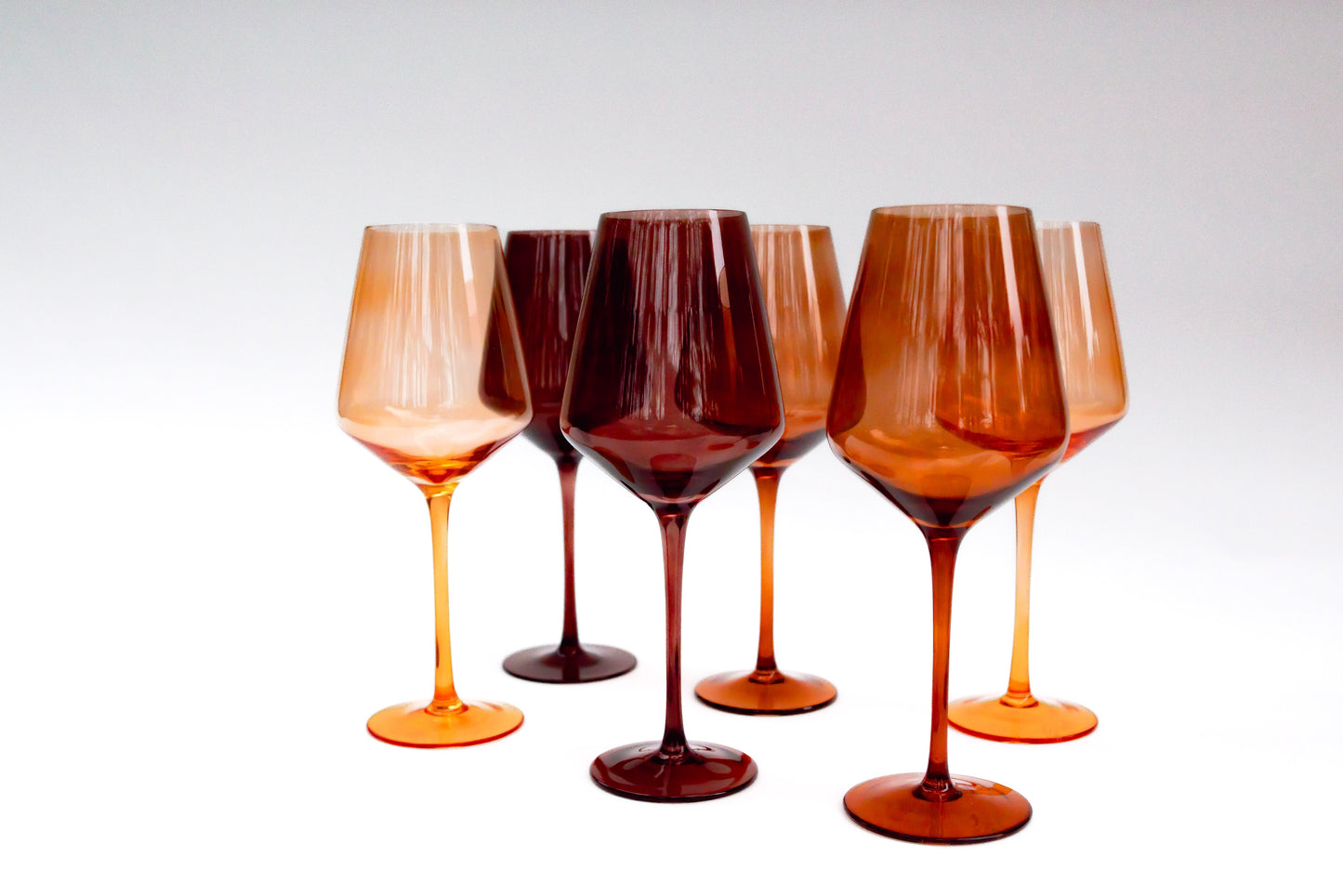 the giselle collection – set of 6 nude-toned wine glasses in caramel blush, silk brandy brown & chocolate