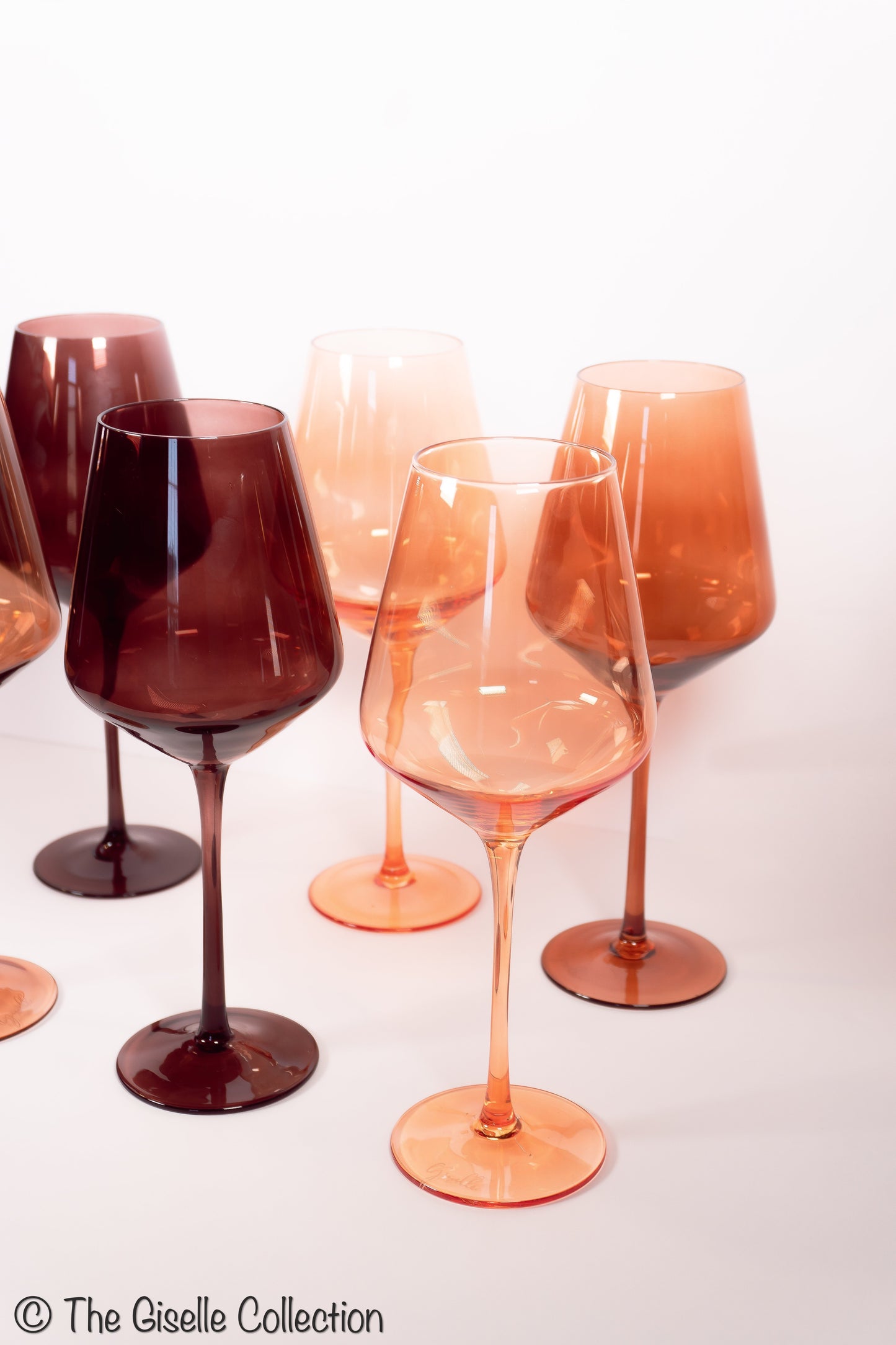 the giselle collection – set of 6 nude-toned wine glasses in caramel blush, silk brandy brown & chocolate