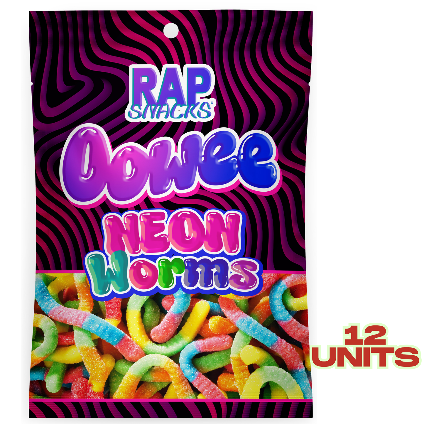 rap snacks oowee neon gummy candy worms (5.3 oz) 12 bags