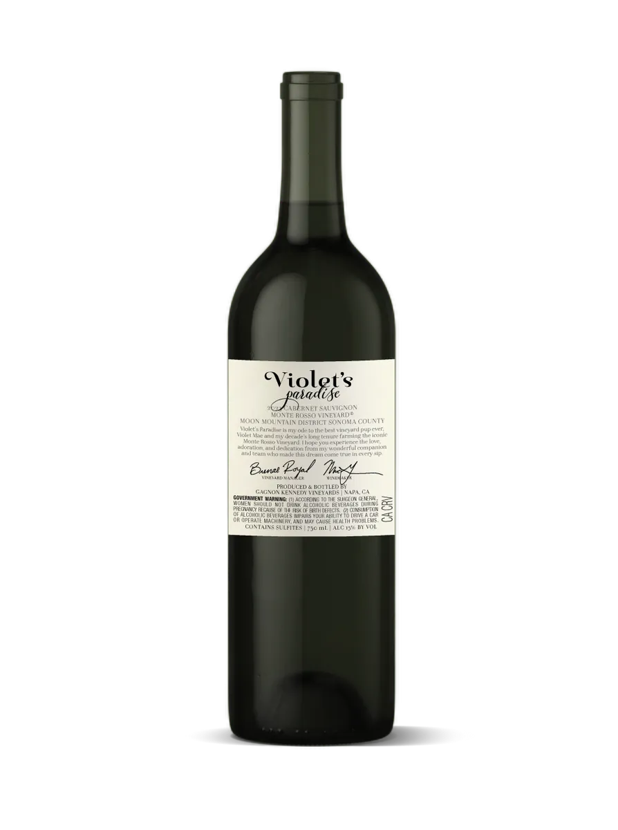 2023 violet's paradise, monte rosso vineyard cabernet sauvignon, moon mountain district ava, sonoma county, california