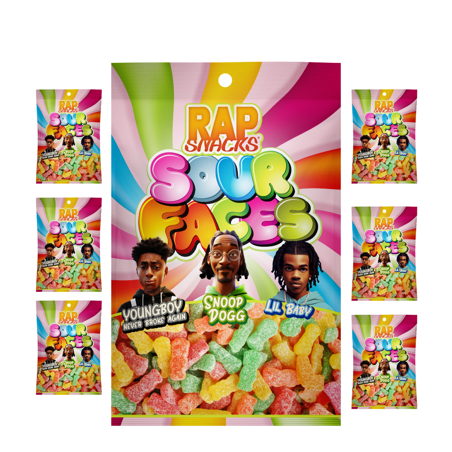 rap snacks sour gummy candy faces (6-pack)