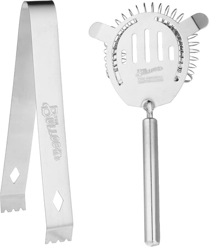 5 pc. Cocktail Shaker Bar Set by Tom Bullock's, The Original Tastemaker: 25 oz Stainless Steel Shaker, Double Measuring Jigger, Stirrer/Mixer Spoon, Strainer and Ice Tongs. Become The Ideal Bartender!