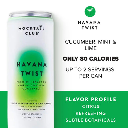 Mocktail Club Havana Twist Sparkling Non-Alcoholic Cocktail 12oz (4pk), 80 Cals, Gluten-Free, No Artificial Ingredients, Zero Proof – with Lime, Cucumber, Mint & Cardamom