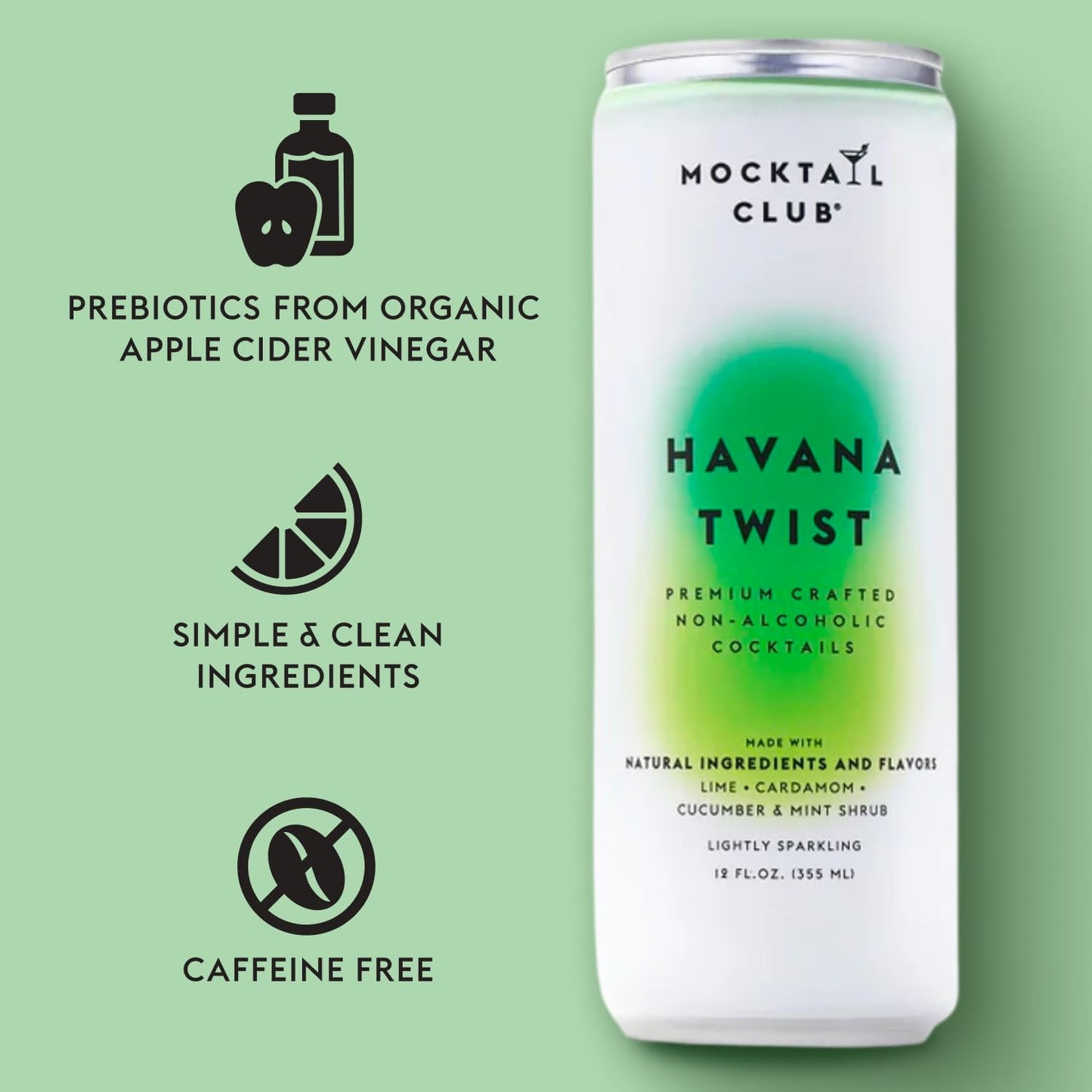 mocktail club havana twist sparkling non-alcoholic cocktail 12oz (4pk), 80 cals, gluten-free, no artificial ingredients, zero proof – with lime, cucumber, mint & cardamom
