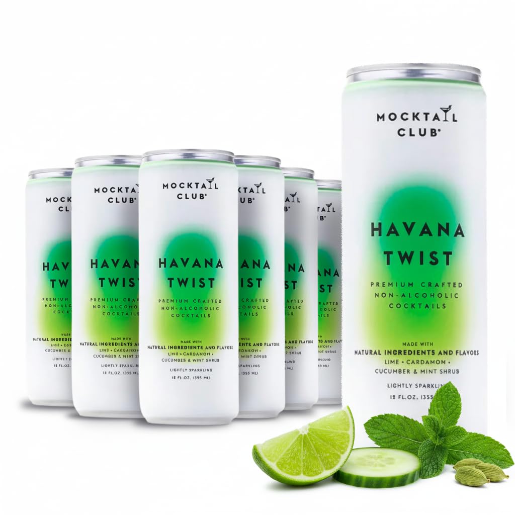 mocktail club havana twist sparkling non-alcoholic cocktail 12oz (4pk), 80 cals, gluten-free, no artificial ingredients, zero proof – with lime, cucumber, mint & cardamom