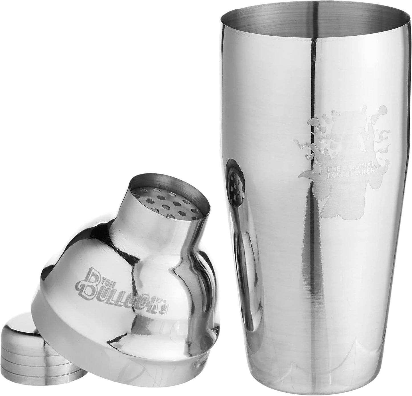 5 pc. cocktail shaker bar set by tom bullock's, the original tastemaker: 25 oz stainless steel shaker, double measuring jigger, stirrer/mixer spoon, strainer and ice tongs. become the ideal bartender!