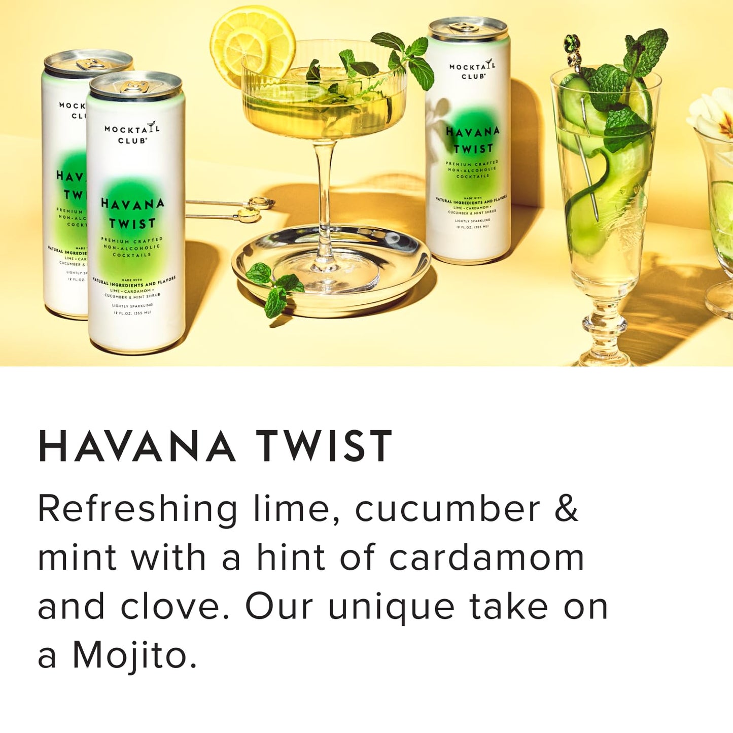 mocktail club havana twist sparkling non-alcoholic cocktail 12oz (4pk), 80 cals, gluten-free, no artificial ingredients, zero proof – with lime, cucumber, mint & cardamom
