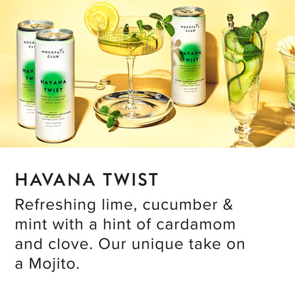 Mocktail Club Havana Twist Sparkling Non-Alcoholic Cocktail 12oz (4pk), 80 Cals, Gluten-Free, No Artificial Ingredients, Zero Proof – with Lime, Cucumber, Mint & Cardamom