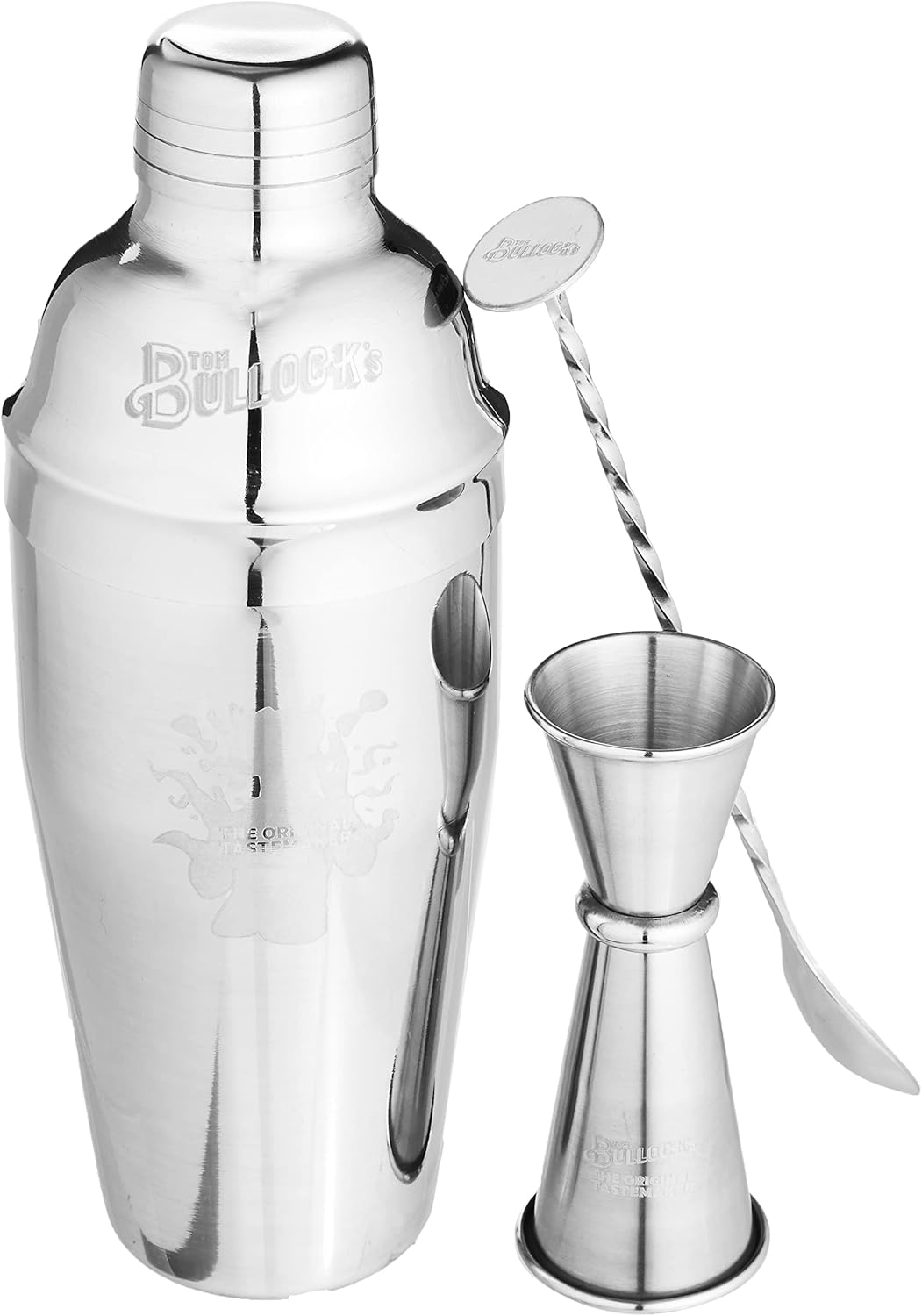 5 pc. cocktail shaker bar set by tom bullock's, the original tastemaker: 25 oz stainless steel shaker, double measuring jigger, stirrer/mixer spoon, strainer and ice tongs. become the ideal bartender!