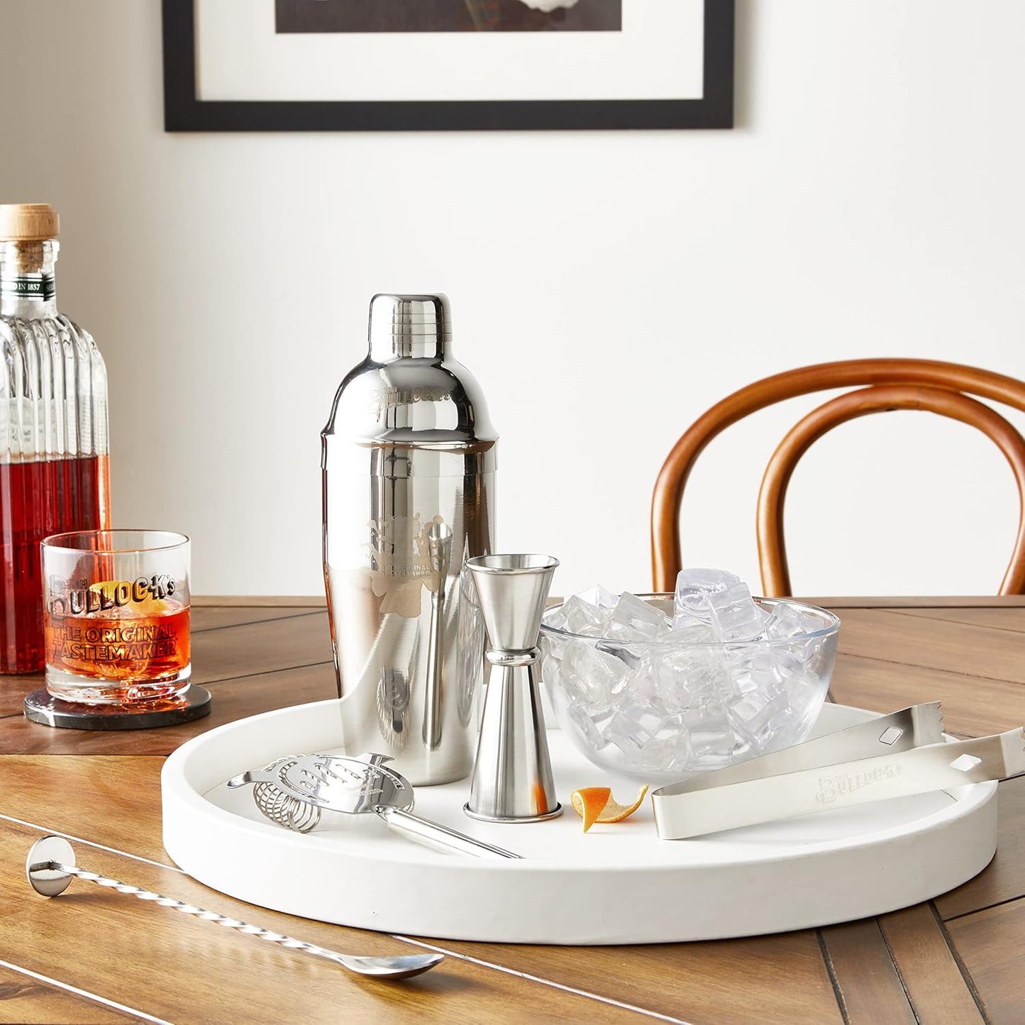 5 pc. cocktail shaker bar set by tom bullock's, the original tastemaker: 25 oz stainless steel shaker, double measuring jigger, stirrer/mixer spoon, strainer and ice tongs. become the ideal bartender!