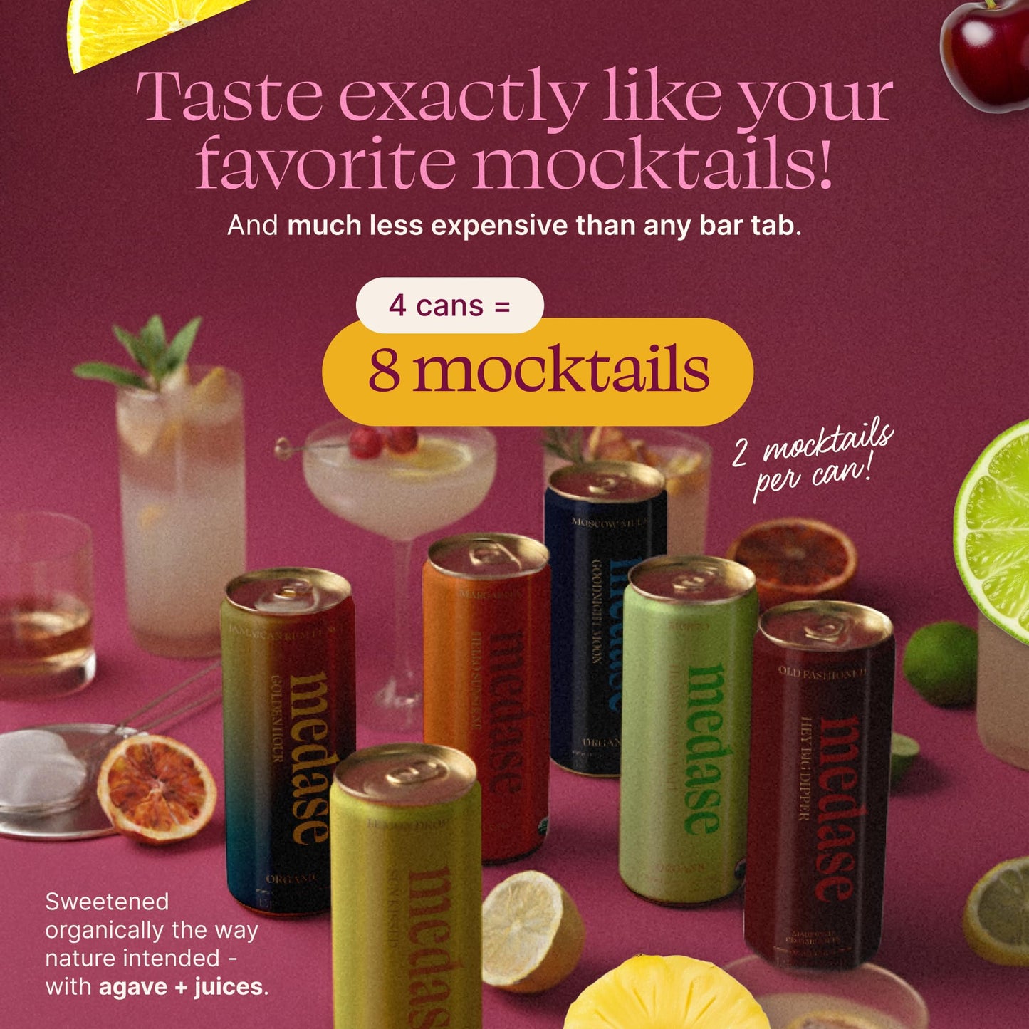 medase non-alcoholic craft cocktails variety (4-pack cans) – margarita, mojito, moscow mule, rum punch, old fashioned & lemon drop