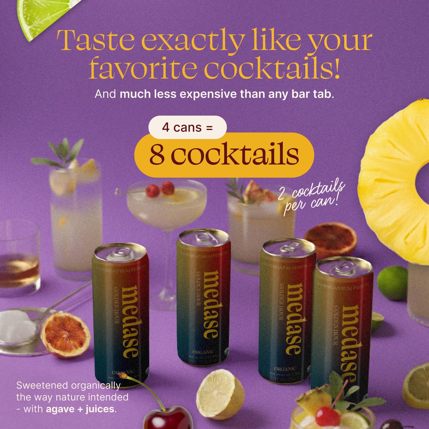 medase non-alcoholic craft cocktails variety (4-pack cans) – margarita, mojito, moscow mule, rum punch, old fashioned & lemon drop