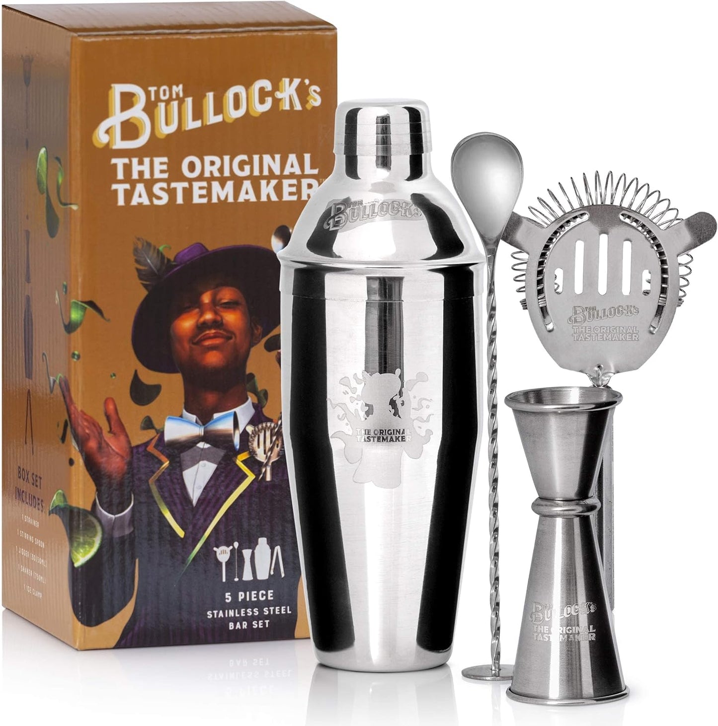 5 pc. cocktail shaker bar set by tom bullock's, the original tastemaker: 25 oz stainless steel shaker, double measuring jigger, stirrer/mixer spoon, strainer and ice tongs. become the ideal bartender!