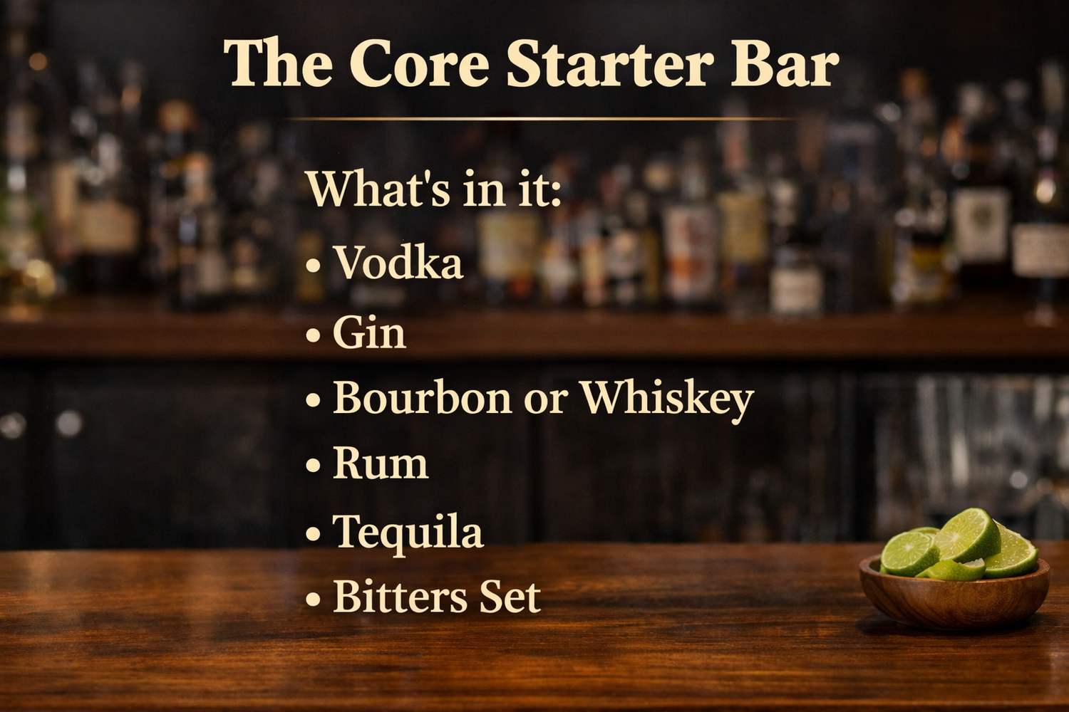 The Core Starter Bar graphic listing vodka, gin, whiskey, rum, tequila, and bitters