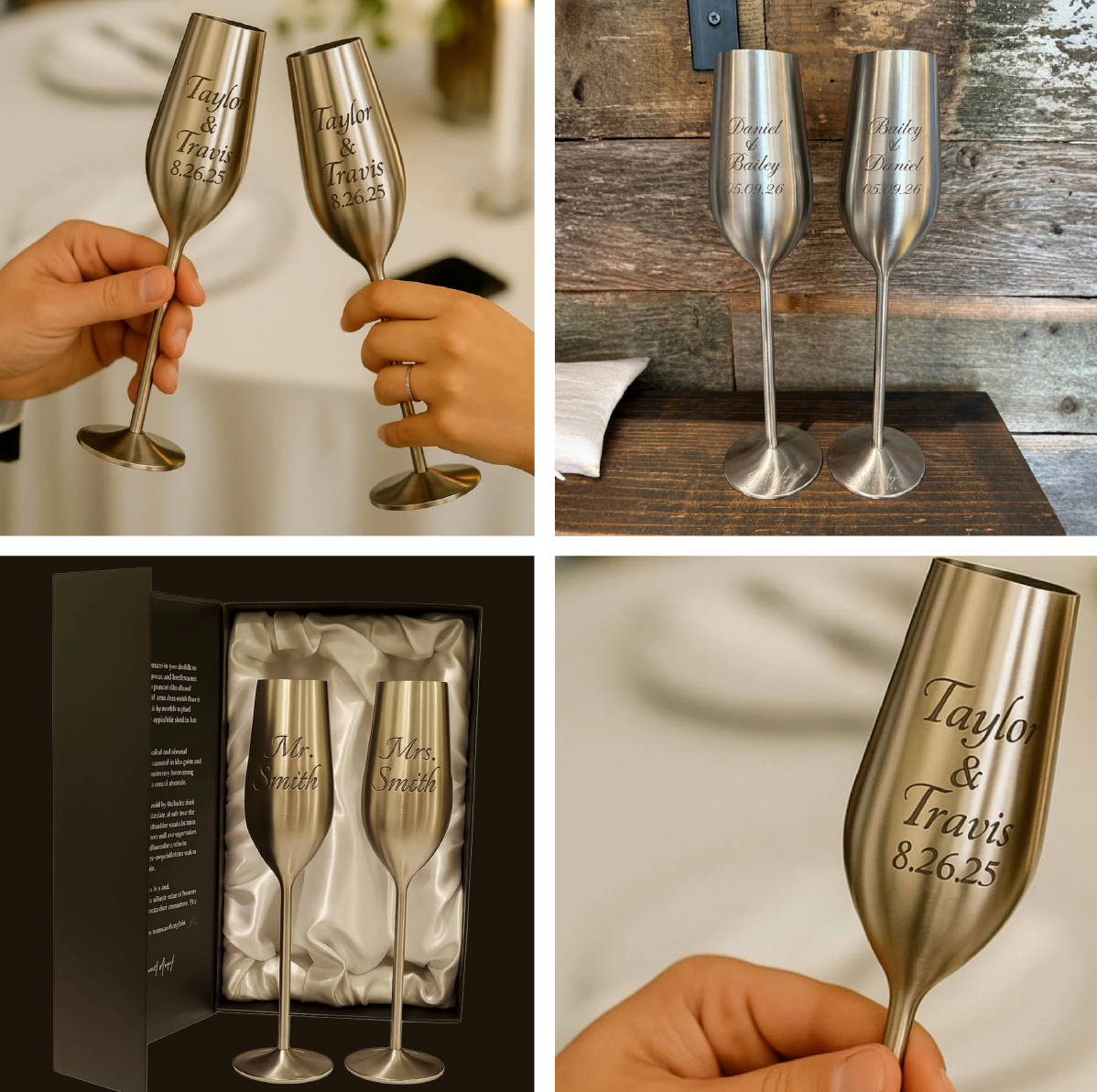 silver personalized champagne flutes set of 2, 7.5 ounces