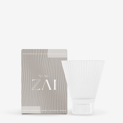 Frosted ZAI tumbler beside its matching box
