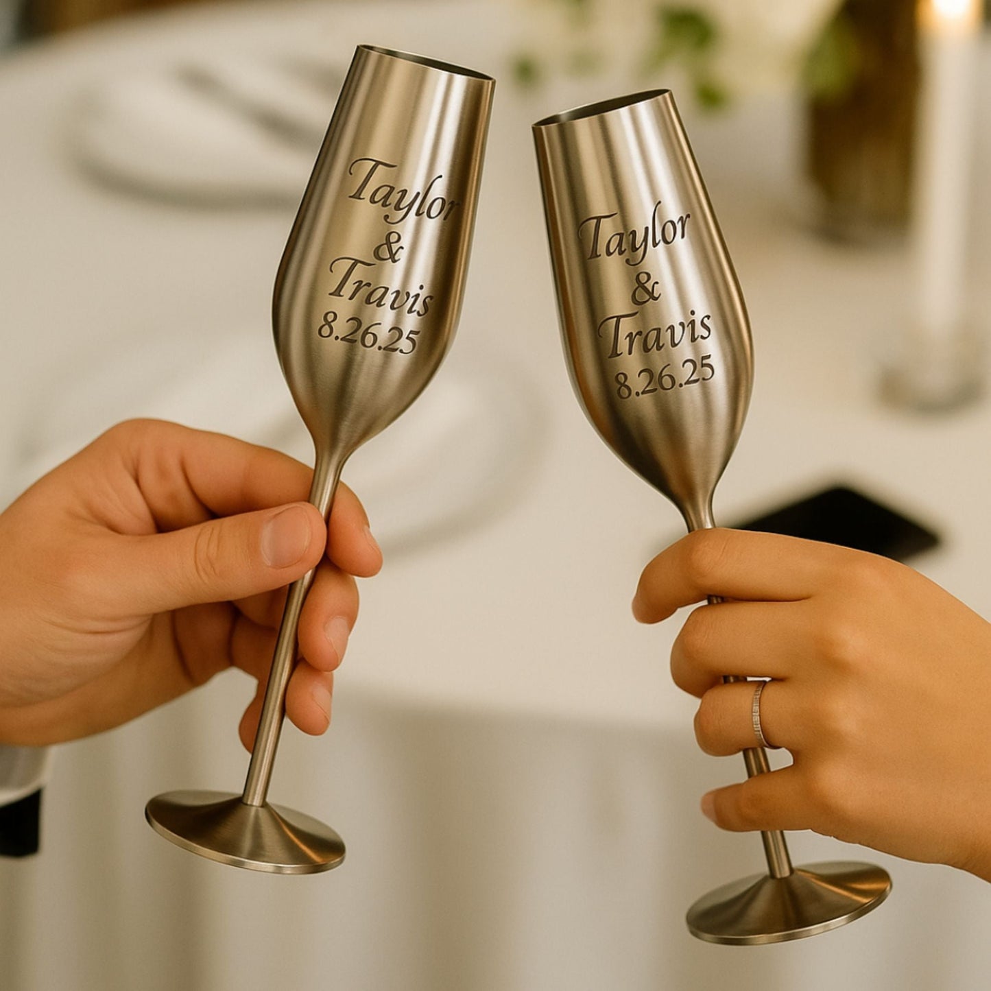 silver personalized champagne flutes set of 2, 7.5 ounces