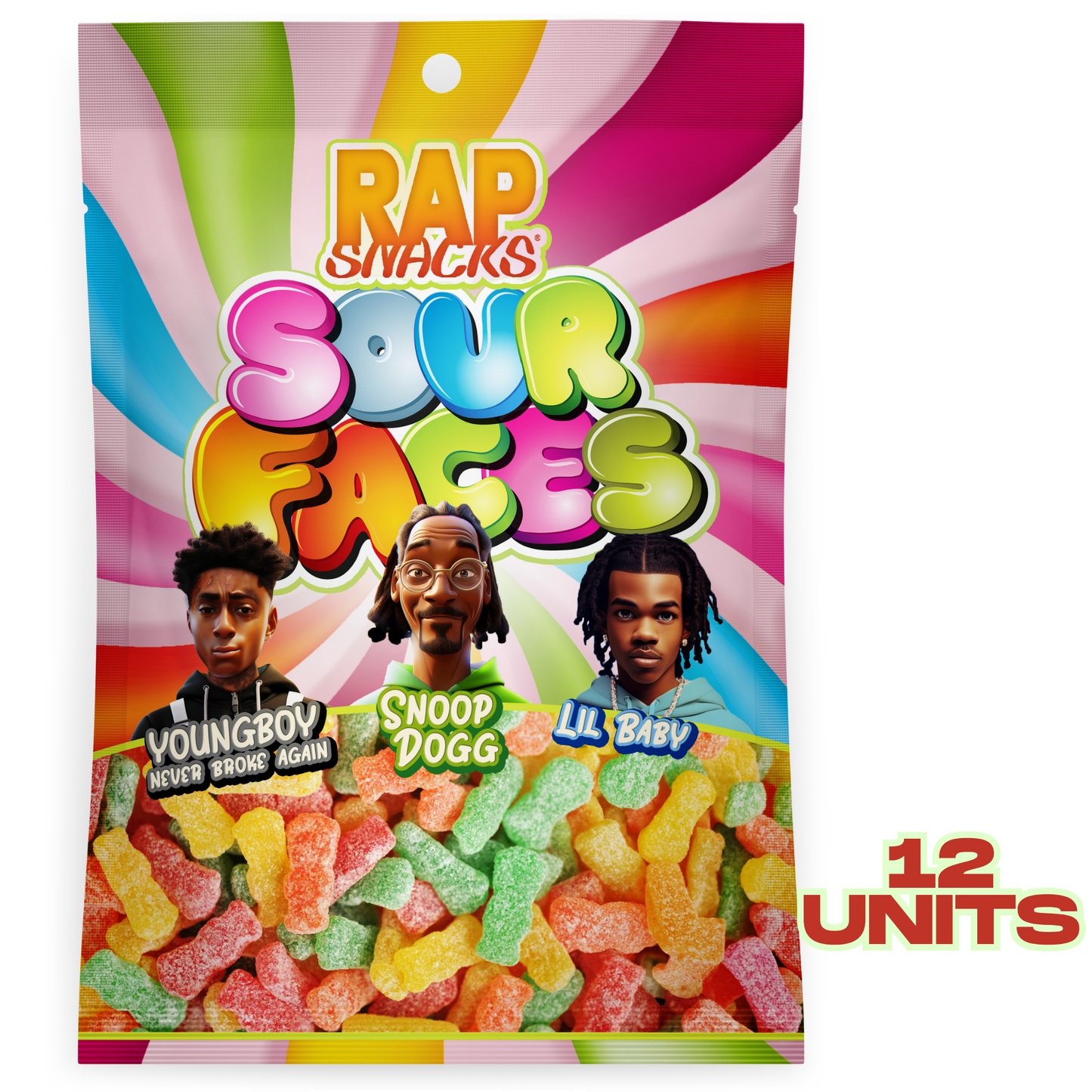 rap snacks sour gummy candy faces (5.3 oz) 12 bags