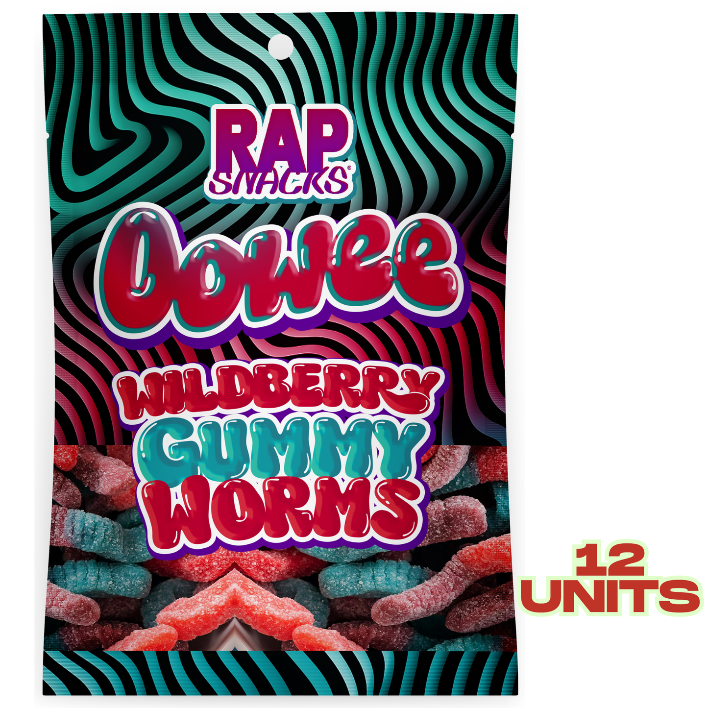 rap snacks oowee wildberry candy gummy worms (5.3 oz) 12 bags