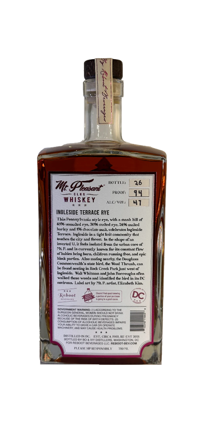 mt pleasant club whiskey "ingleside" rye blend
