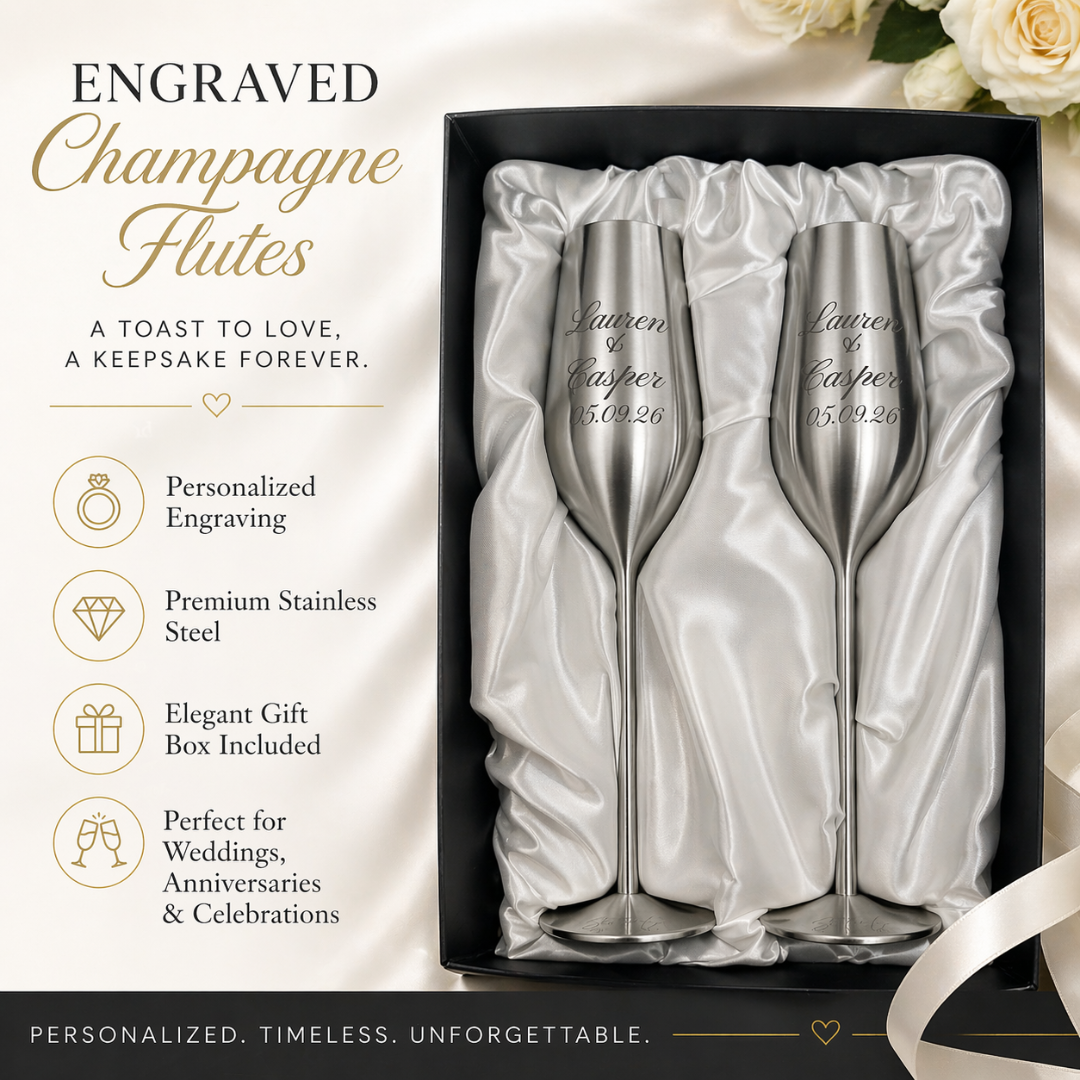 silver personalized champagne flutes set of 2, 7.5 ounces
