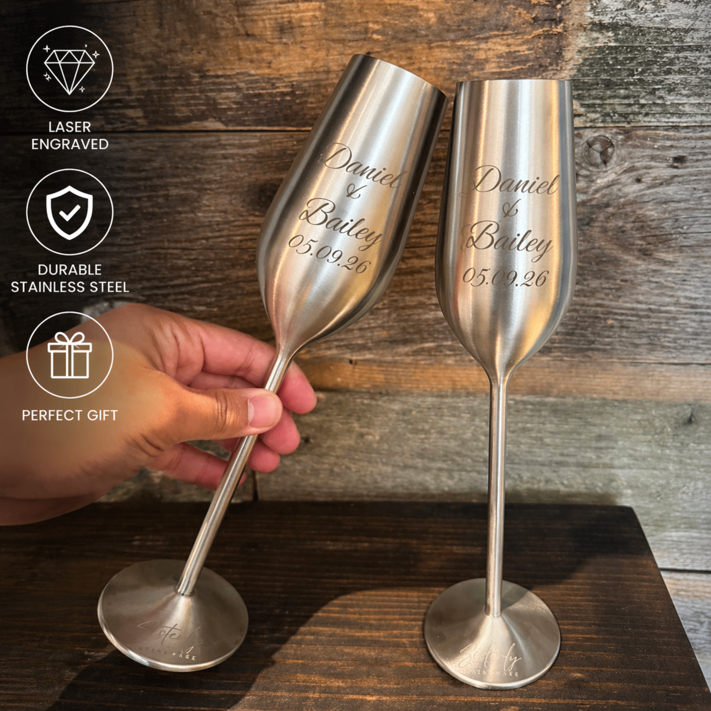 silver personalized champagne flutes set of 2, 7.5 ounces