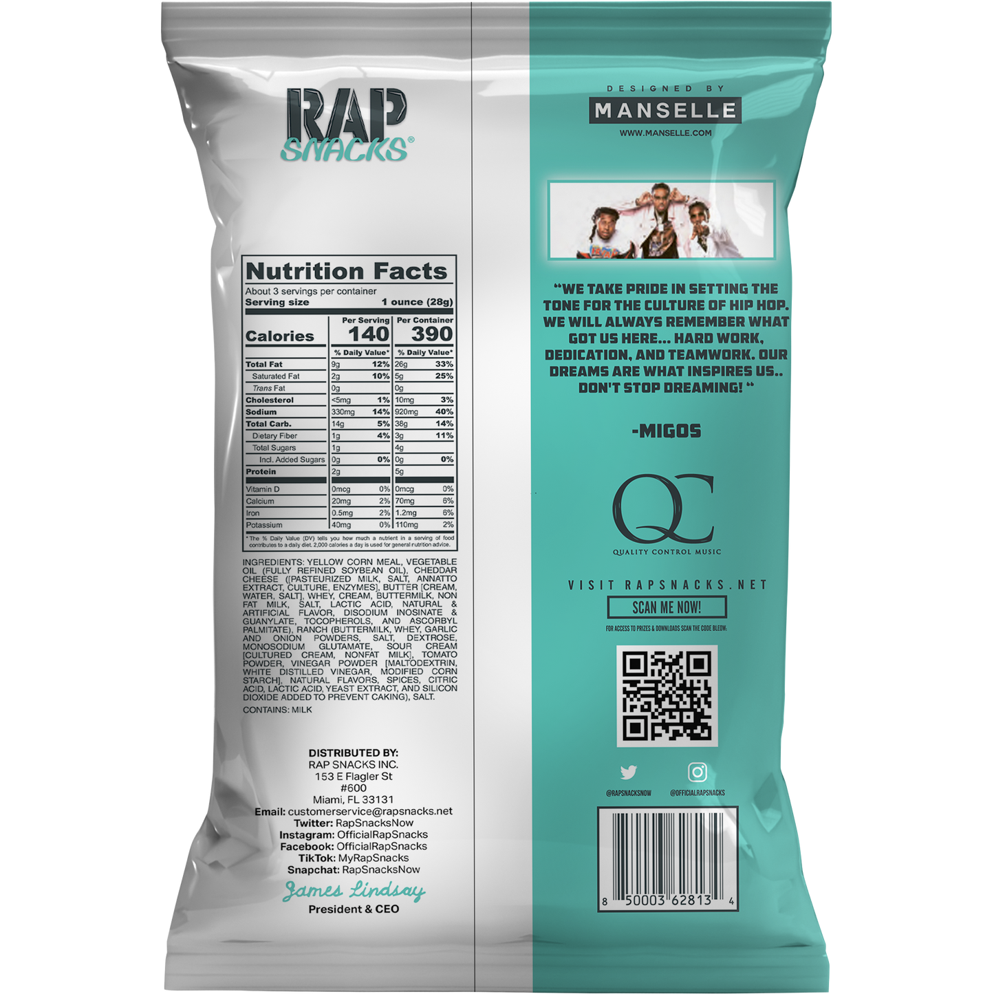rap snacks migos white cheddar with a dab of ranch cheese puffs (2.5oz) (12 bags)