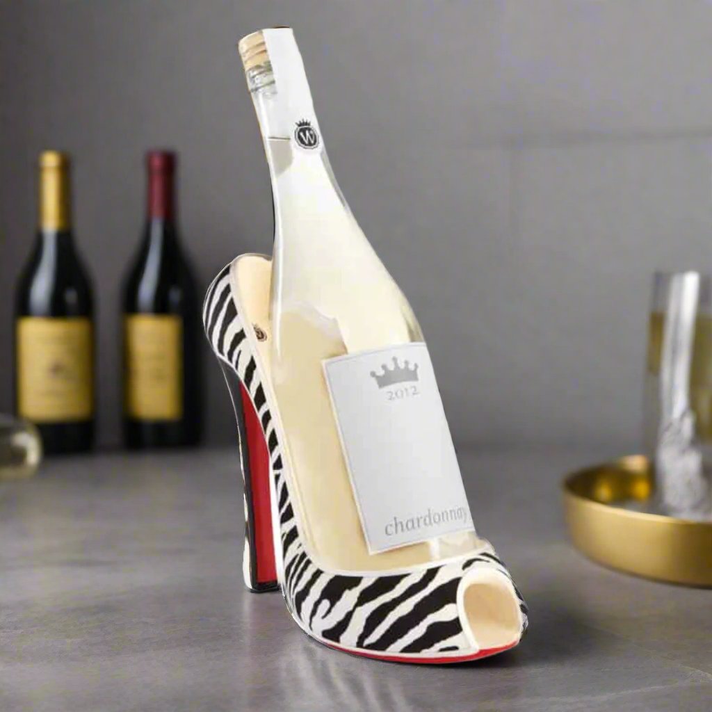 high heel zebra print wine bottle holder