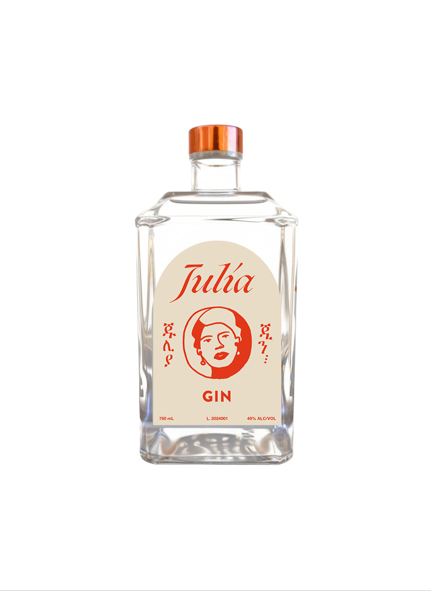 julia gin 750 ml bottle with copper cap and cream-and-red label on white
