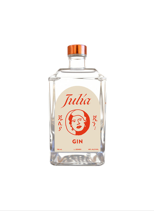 Julia Gin 750 mL bottle with copper cap and cream-and-red label on white