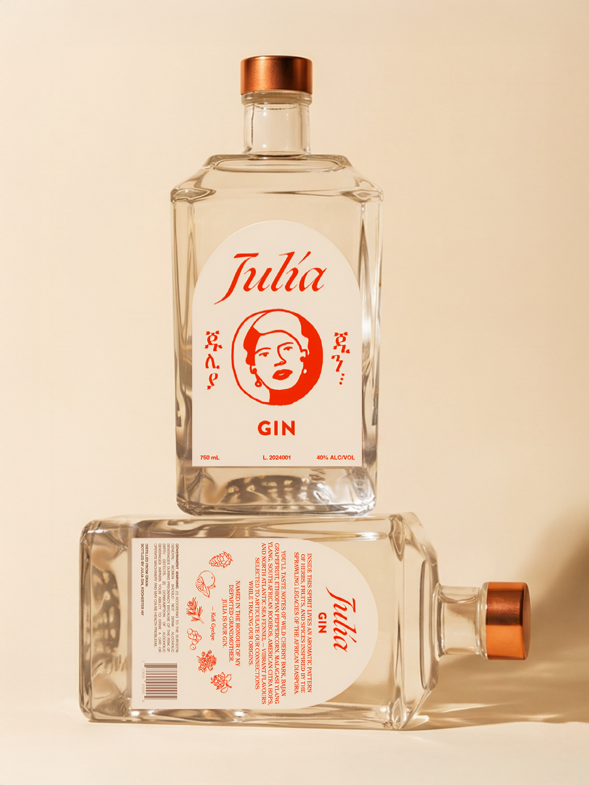 Julia Gin 750 mL bottles showing the front and back labels against a warm cream background