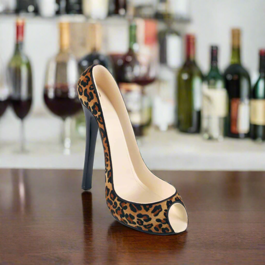 high heel leopard print wine bottle holder