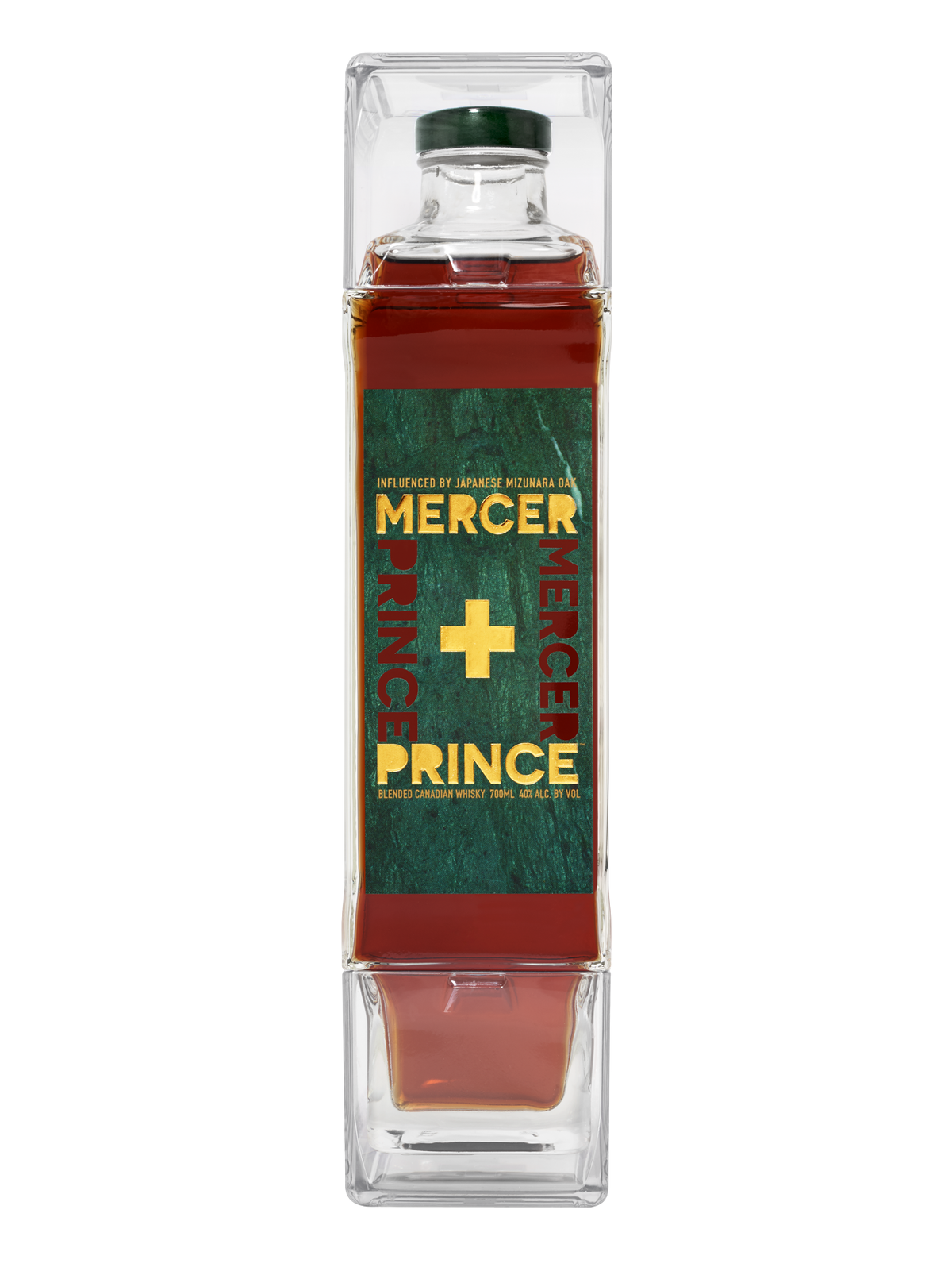 Mercer + Prince Canadian whisky in its rectangular bottle — current brand packaging