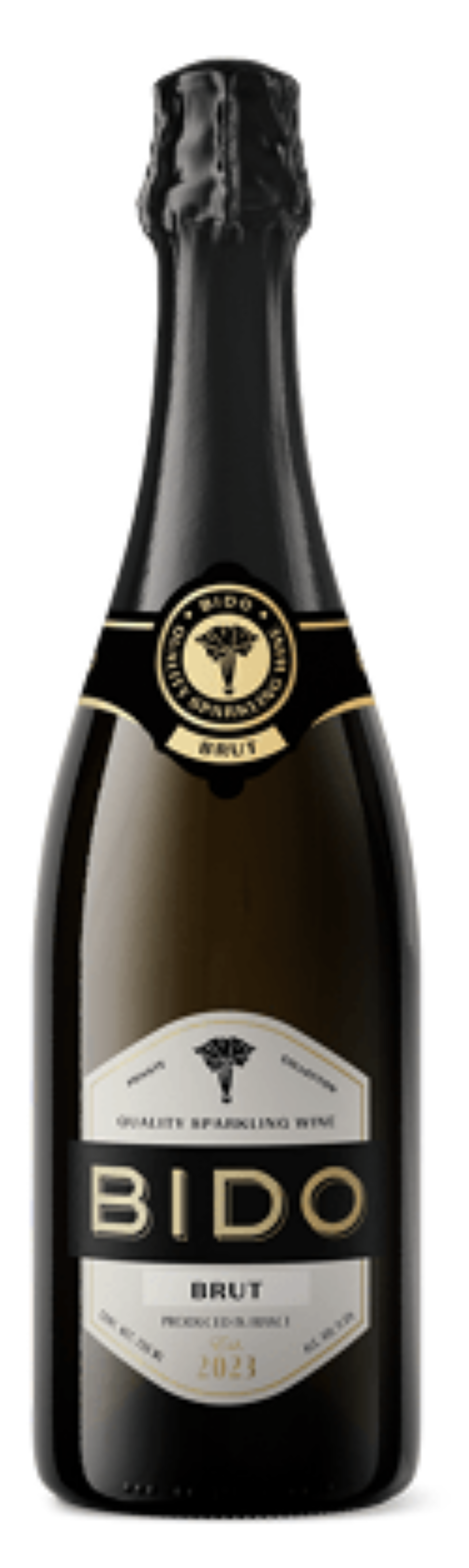 Bottle of BIDO Brut sparkling wine with a black label.