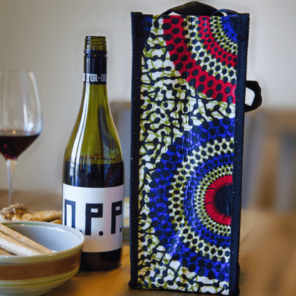 Multicolor wine bag with red, blue, yellow, and green circular patterns