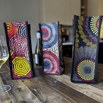 Three examples of soulPhoodie upcycled wine bags with different patterns