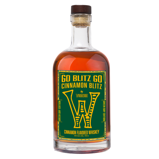 Woodson Go Blitz Go Cinnamon Whiskey – Green Bay Edition, 750 ml bottle, front label